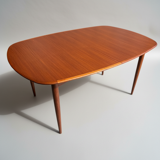 A fully restored Parker No.92 D End Dining Table (Rediscover) with rounded edges and tapered legs, showcased against a light backdrop, captures the vintage charm of classic Australian mid-century design.