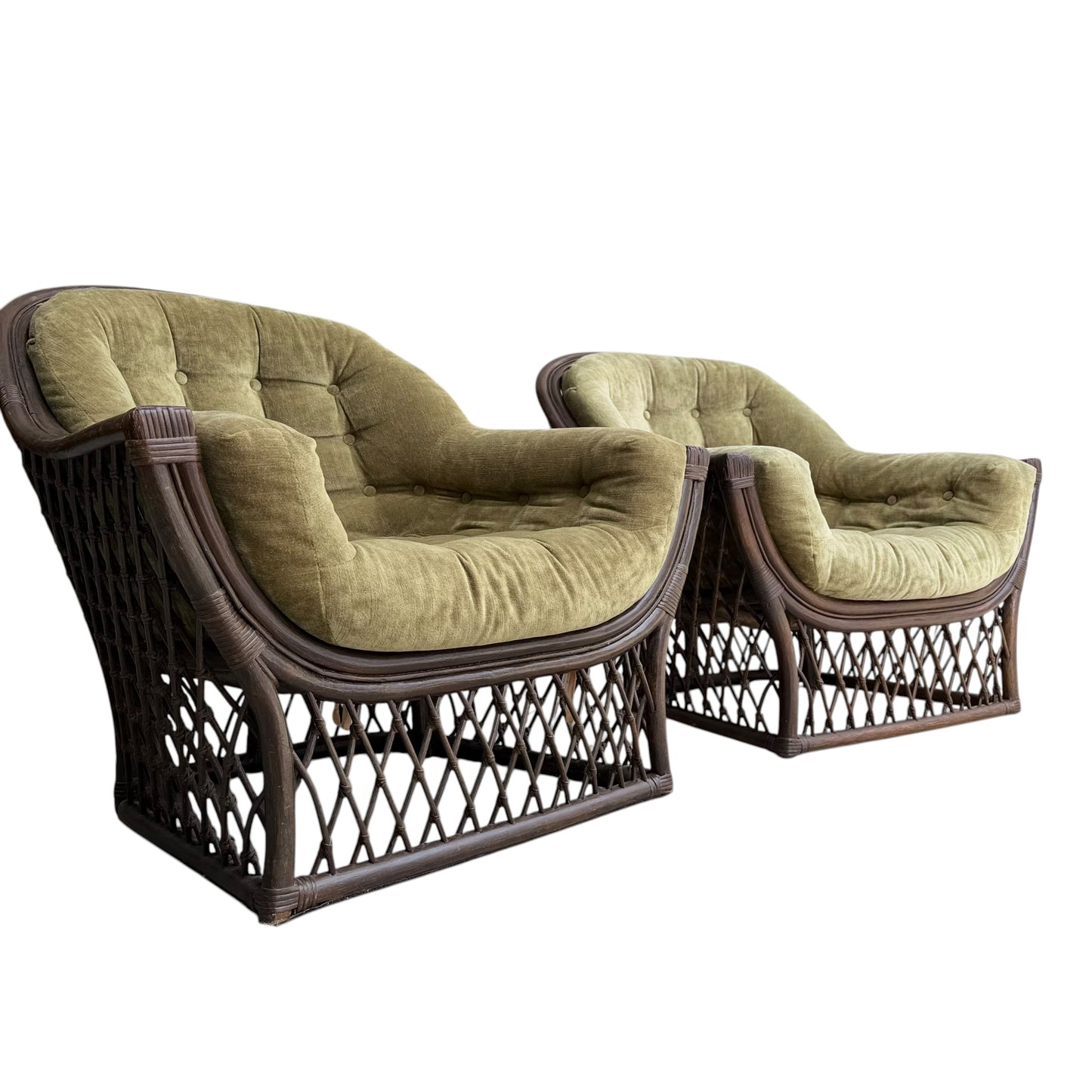 A Vintage Adrian Pearsall Style 1970s Rattan Designer Barrel Chair with olive green velvet tufted cushions, curved design, and open lattice sides, set against a white background.