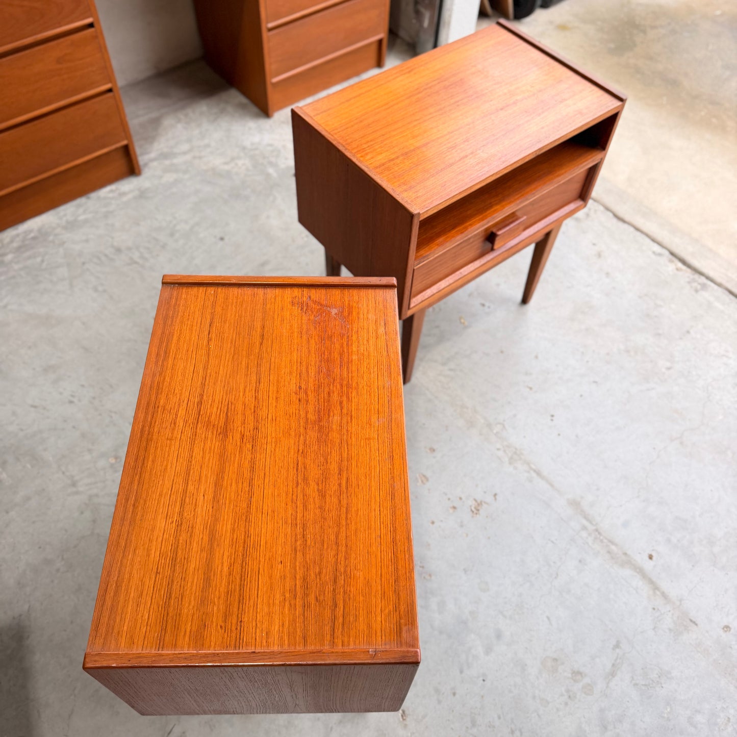 Pair of Parker Mid-Century Teak Bedside Tables with Blackwood Bases
