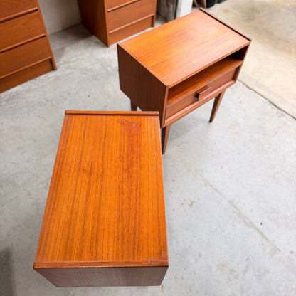 Pair of Parker Mid-Century Teak Bedside Tables with Blackwood Bases