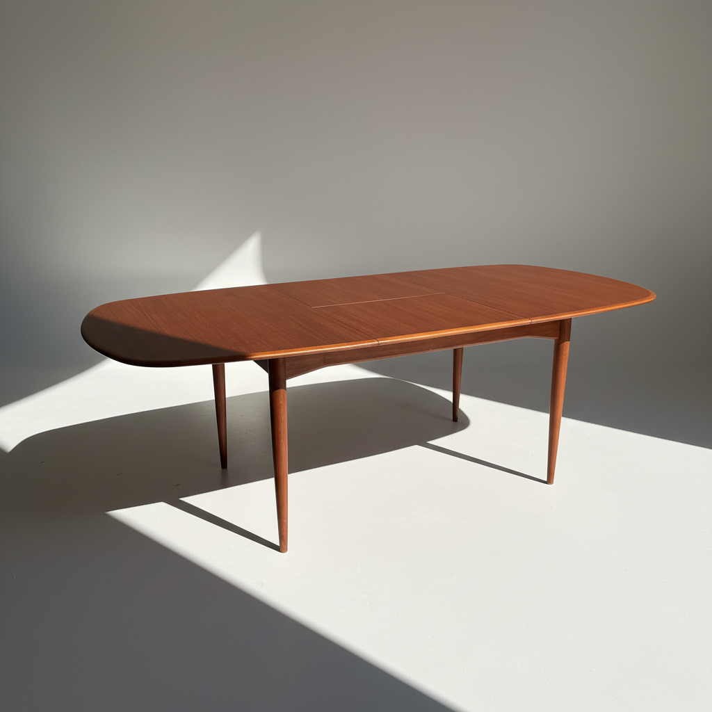 A fully restored Parker No.92 D End Dining Table (Rediscover) with rounded edges and four tapered legs sits in a minimalist, sunlit room against a plain white background.