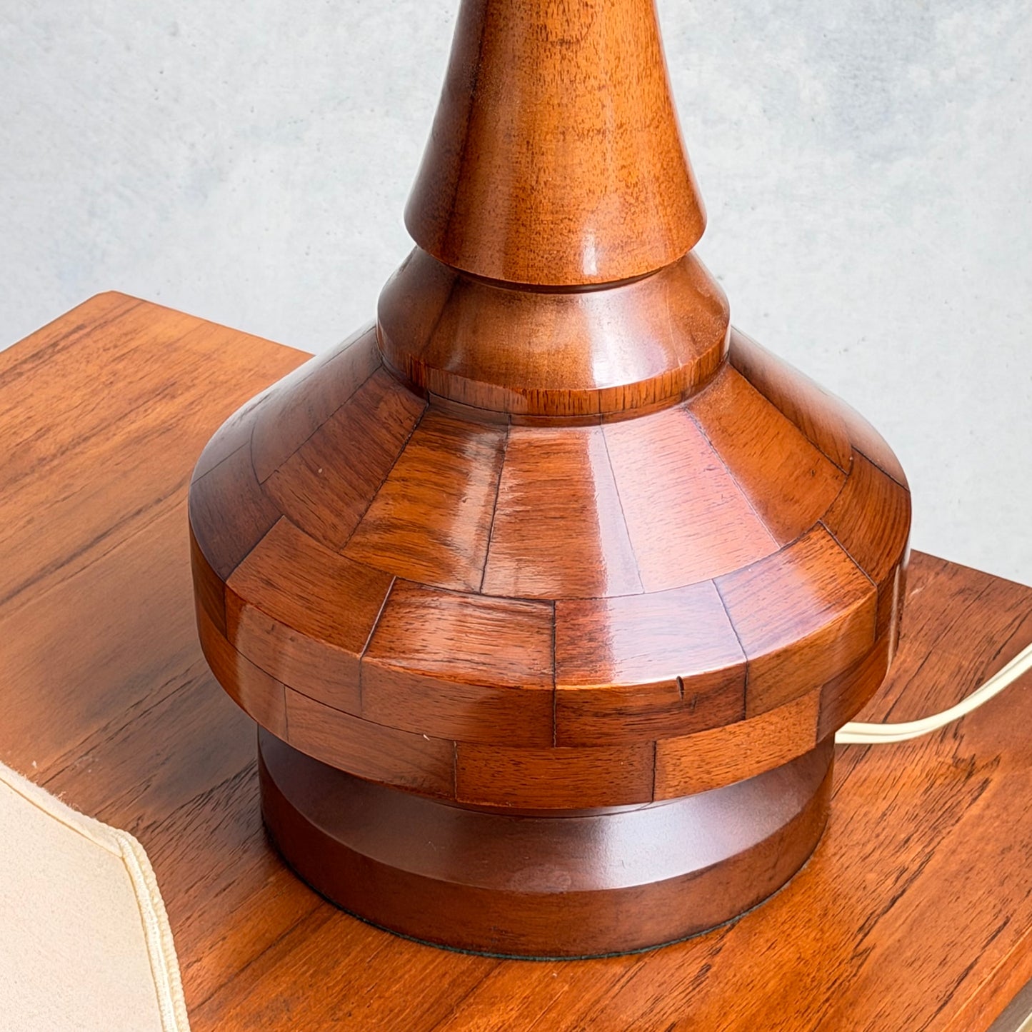 Mid Century Modern Parquetry Table Lamp – Sculptural Turned Wood Base Parkman Woodware