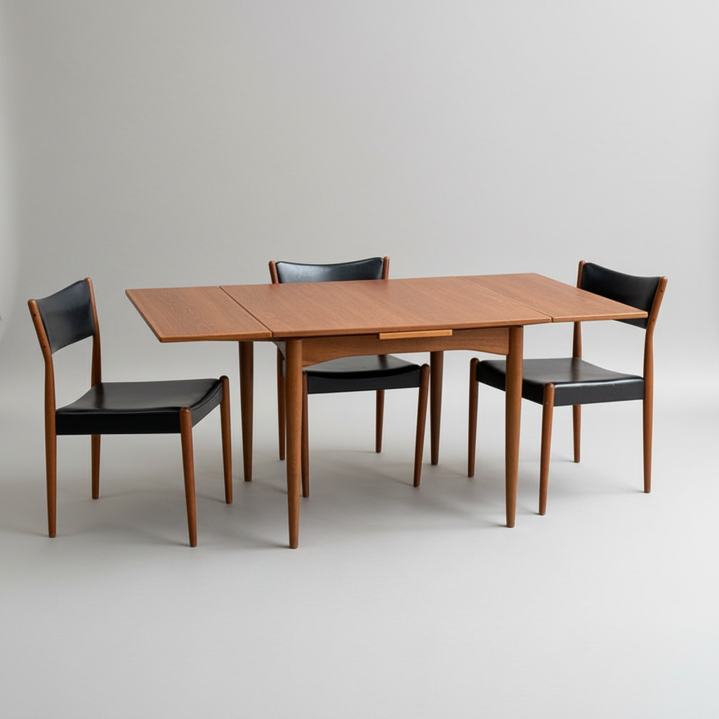 A Fully Restored Parker 140 Square Extension Table (Rediscover) stands surrounded by three matching wooden chairs with black leather seats and backs, all set against a plain light gray background.