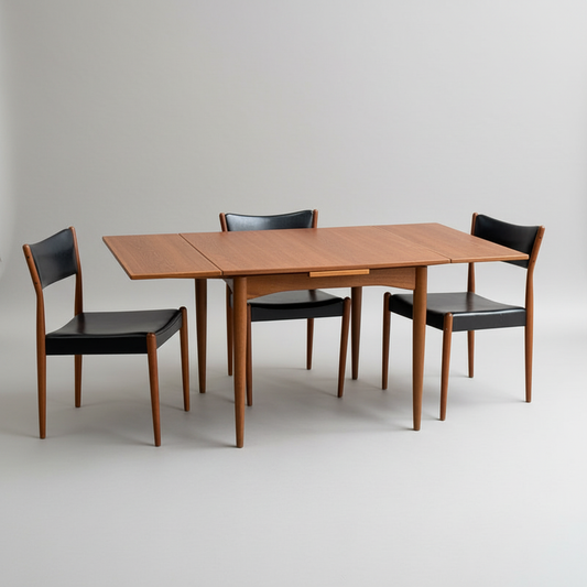 A Fully Restored Parker 140 Square Extension Table (Rediscover) stands surrounded by three matching wooden chairs with black leather seats and backs, all set against a plain light gray background.
