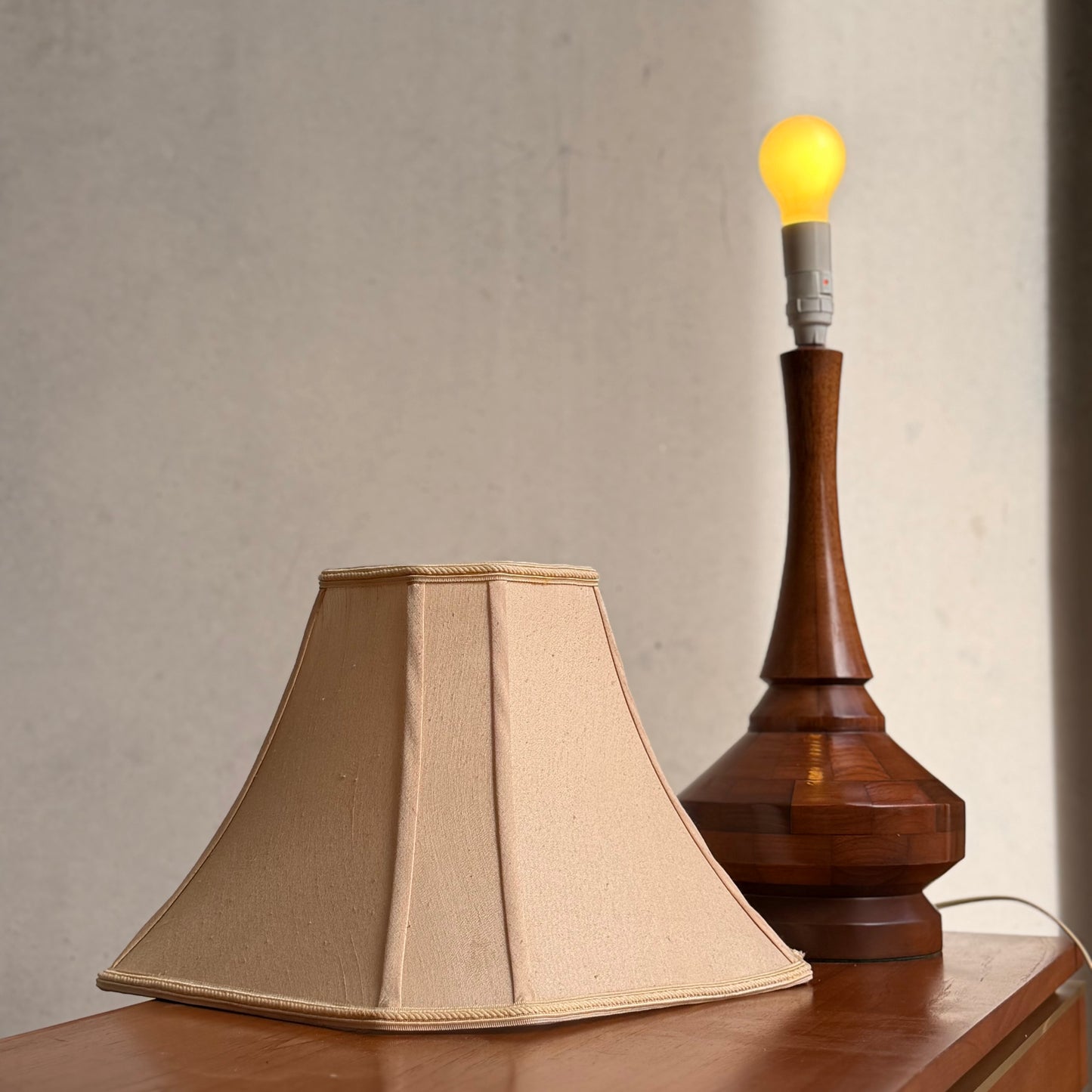 Mid Century Modern Parquetry Table Lamp – Sculptural Turned Wood Base Parkman Woodware