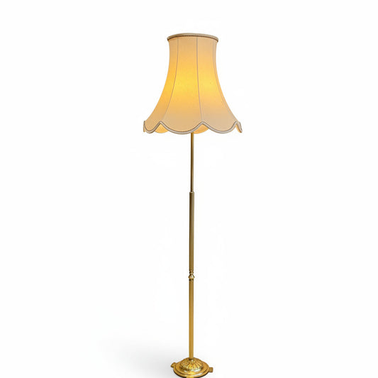Mid-Century Ornate Brass Floor Lamp with Ivory Scallop Ruffle Shade – Vintage