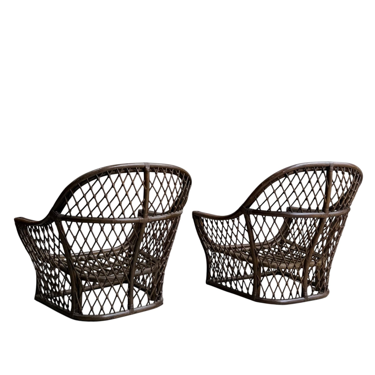 Two Vintage Adrian Pearsall Style 1970s Rattan Designer Barrel Chairs with curved backs and olive green velvet are side by side, each facing slightly away from the other, against a white background.