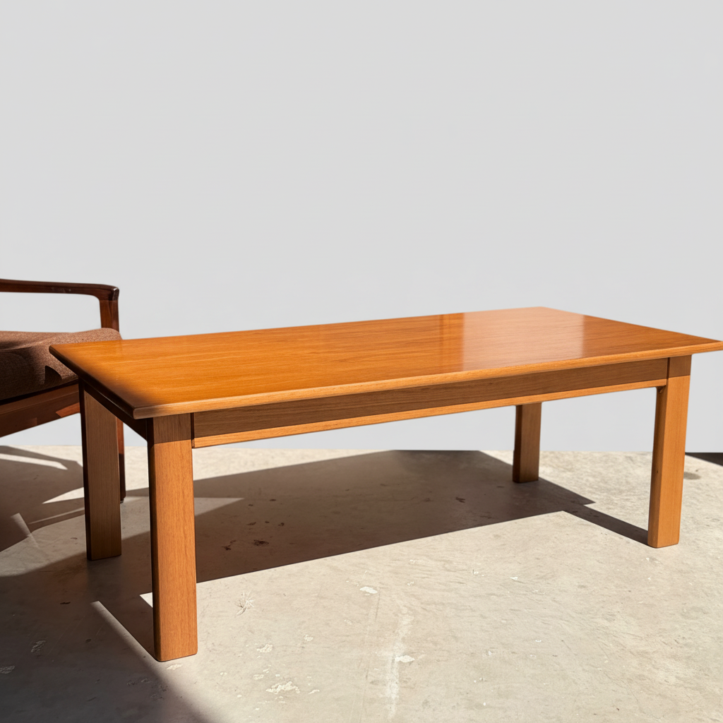 A Mid Century Teak Danish Style Coffee Table – Circa 1970s (Revive) with a glossy finish sits on a sunlit concrete floor, alongside part of a matching wooden chair with brown cushions, reflecting classic Danish style.
