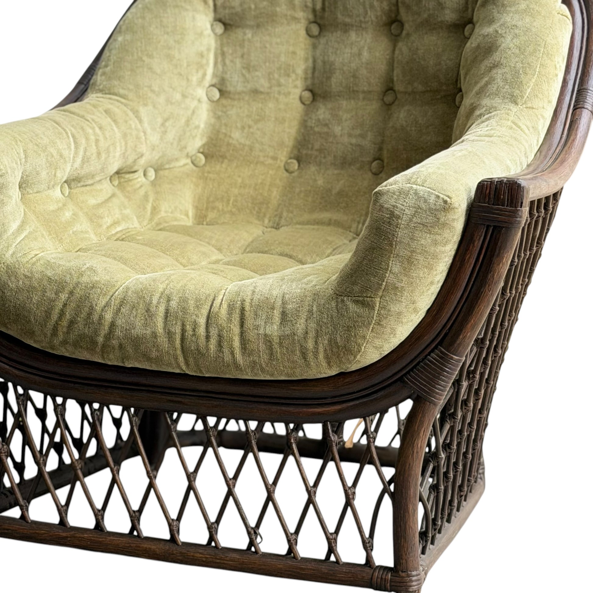 A close-up of the Vintage Adrian Pearsall Style 1970s Rattan Designer Barrel Chair in olive green velvet, showing its dark brown wooden frame and woven rattan pattern reminiscent of classic vintage armchairs.