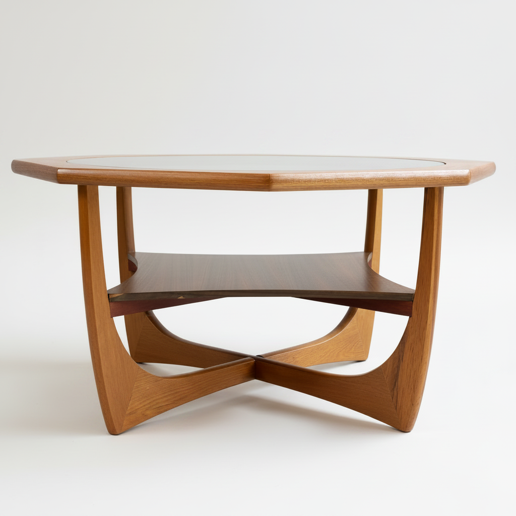 A mid-century Octagonal Coffee Table by Kalmar Furniture, featuring hardwood construction, smoked glass top, sculptural curved legs, and a built-in magazine rack, is shown against a neutral background.
