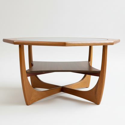 A mid-century Octagonal Coffee Table by Kalmar Furniture, featuring hardwood construction, smoked glass top, sculptural curved legs, and a built-in magazine rack, is shown against a neutral background.