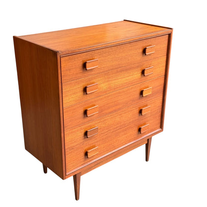 Parker Mid-Century Teak 5-Drawer Tallboy with Blackwood Base