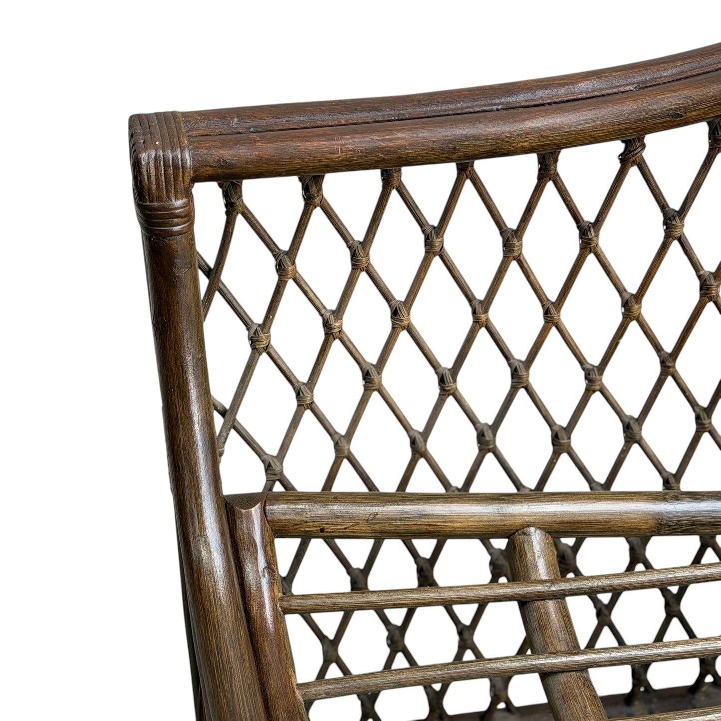 Close-up of a Vintage Adrian Pearsall Style 1970s Rattan Designer Barrel Chair with an olive green velvet seat, dark brown finish, diamond-patterned woven backrest, and horizontal wooden armrest bars, isolated on white background.