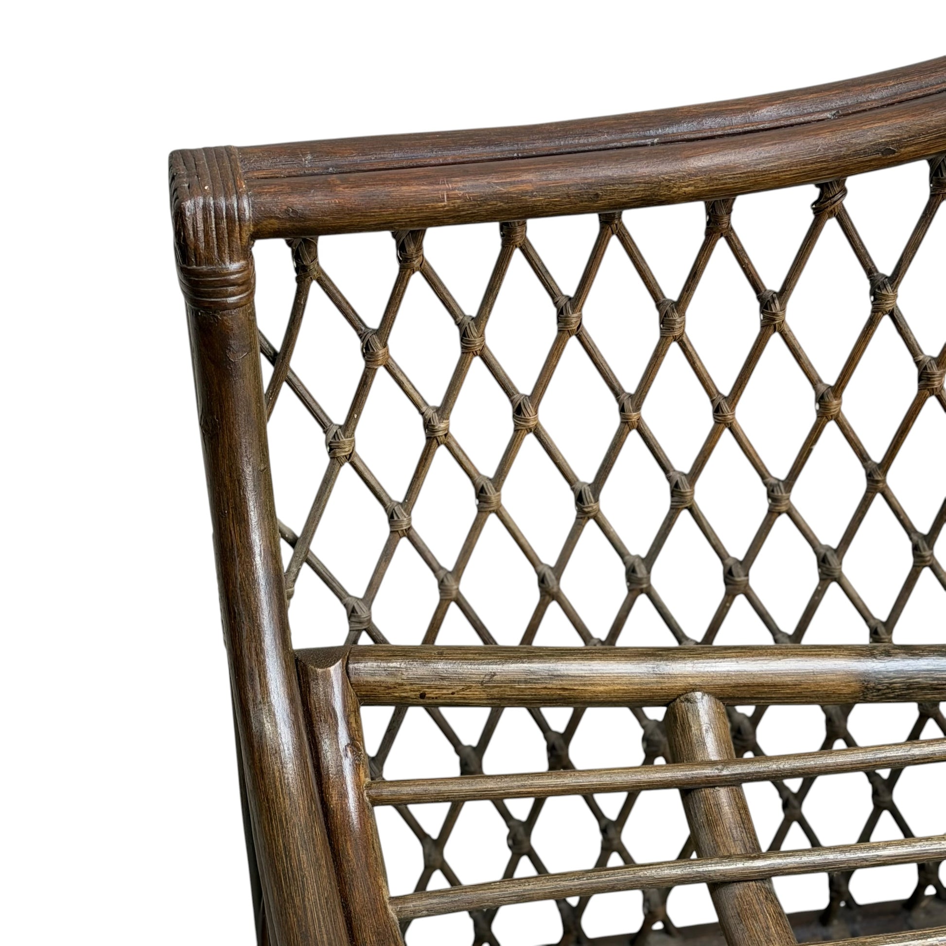 Close-up of a Vintage Adrian Pearsall Style 1970s Rattan Designer Barrel Chair with an olive green velvet seat, dark brown finish, diamond-patterned woven backrest, and horizontal wooden armrest bars, isolated on white background.