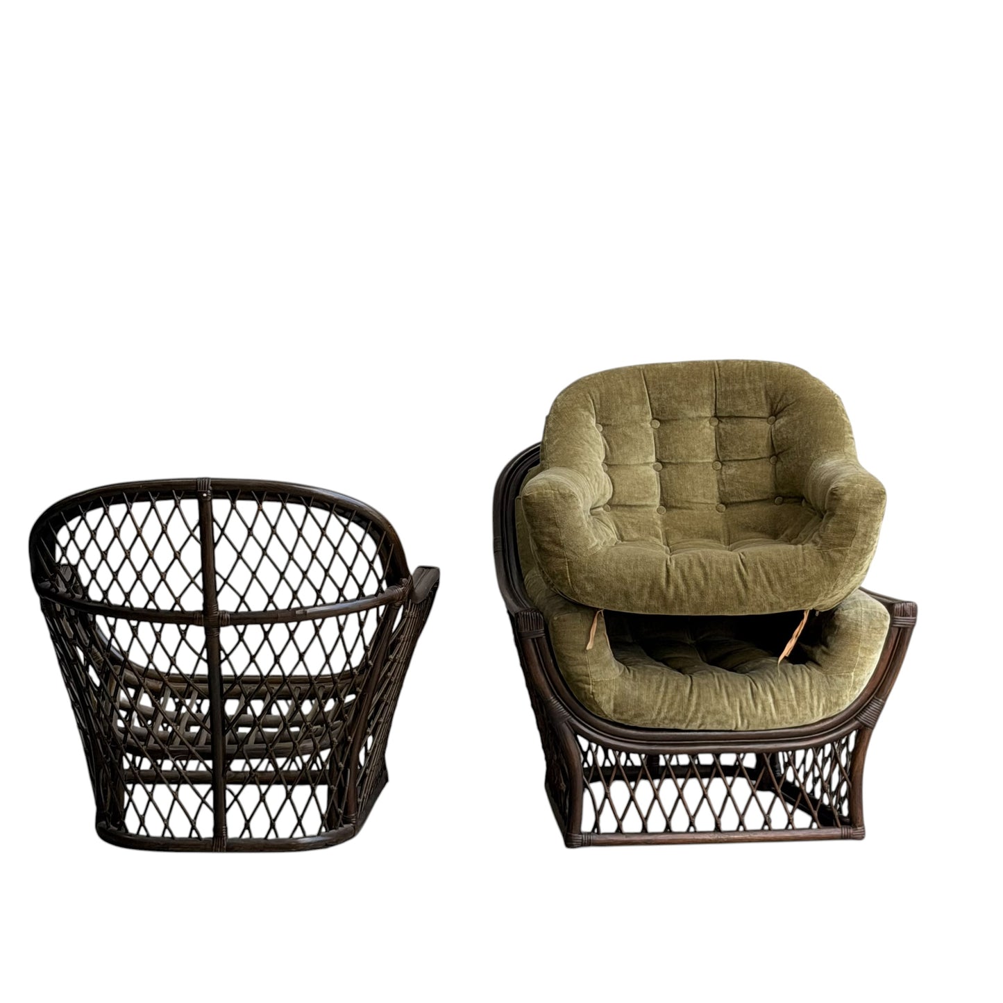 The Vintage Adrian Pearsall Style 1970s Rattan Designer Barrel Chair features a dark woven rattan frame and olive green velvet tufted cushions, shown from back and front on white for a stylish, retro-inspired living space.