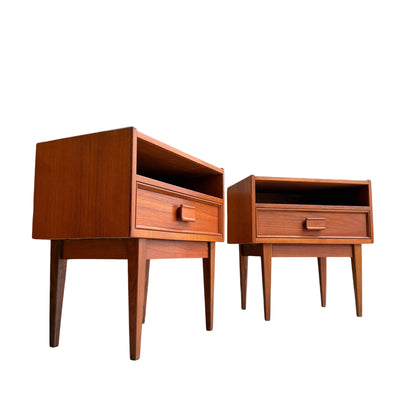 Pair of Parker Mid-Century Teak Bedside Tables with Blackwood Bases