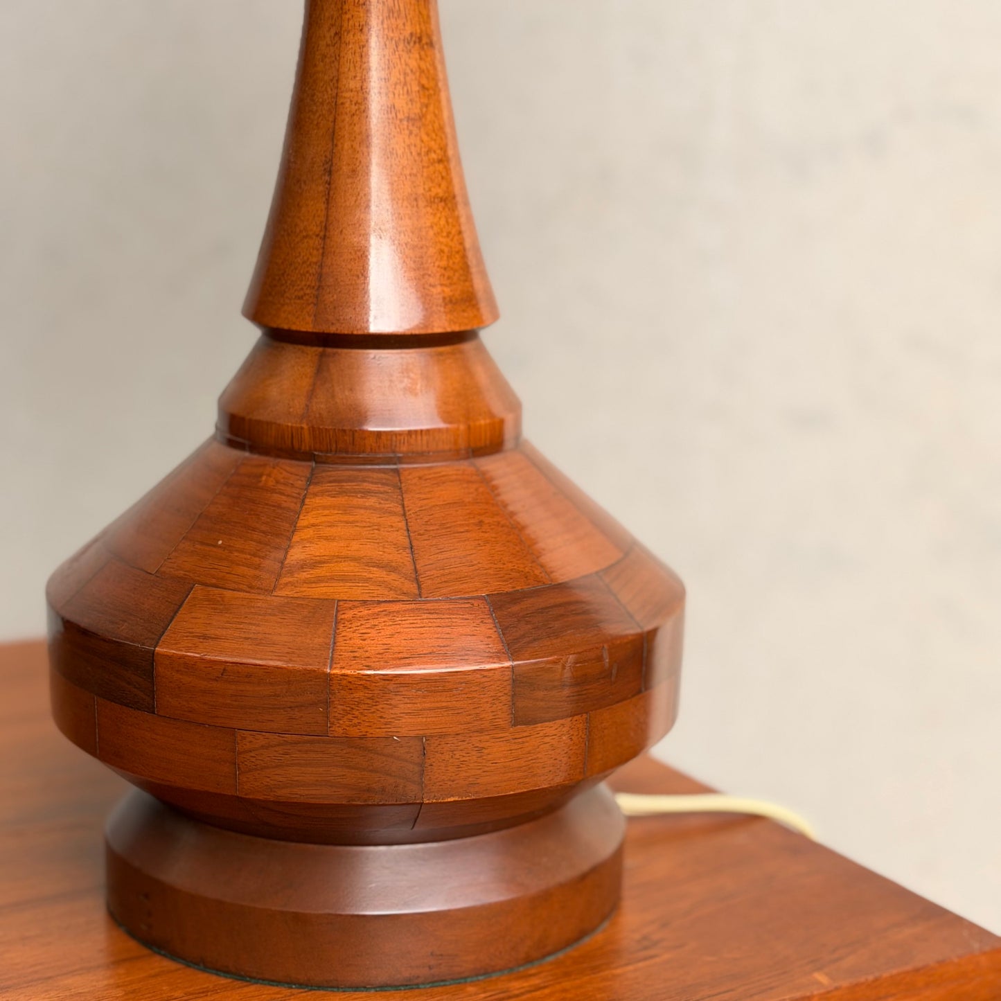 Mid Century Modern Parquetry Table Lamp – Sculptural Turned Wood Base Parkman Woodware