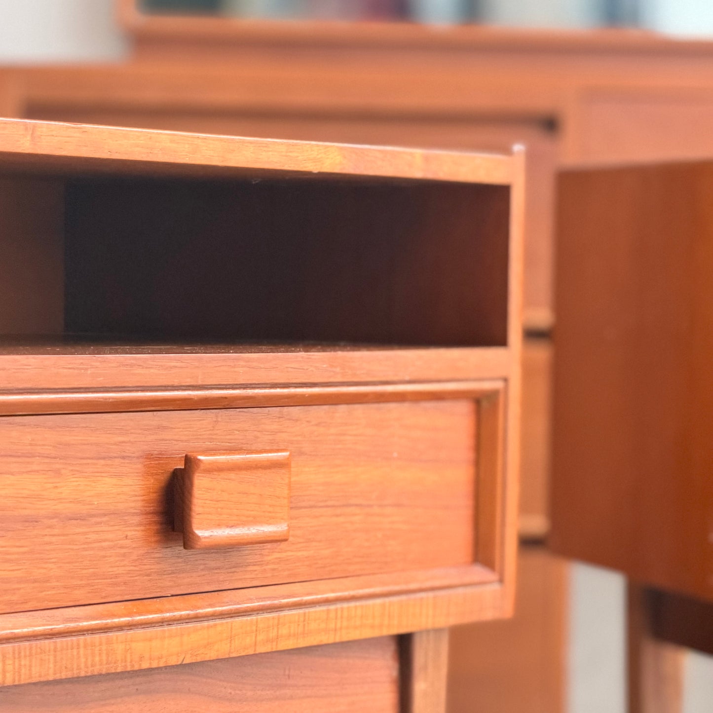 Pair of Parker Mid-Century Teak Bedside Tables with Blackwood Bases