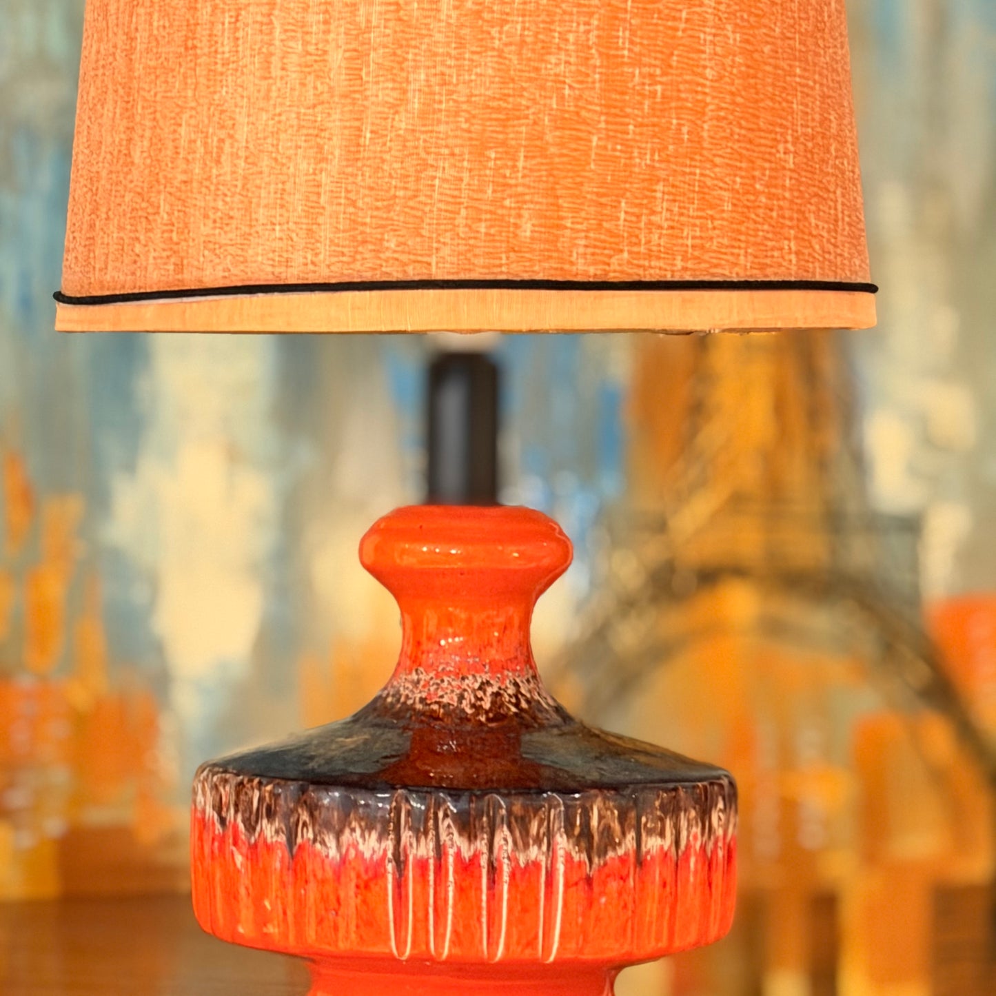 Mid-Century Fat Lava Ceramic Table Lamp – Vibrant Orange & Brown 1960s/1970s Vintage
