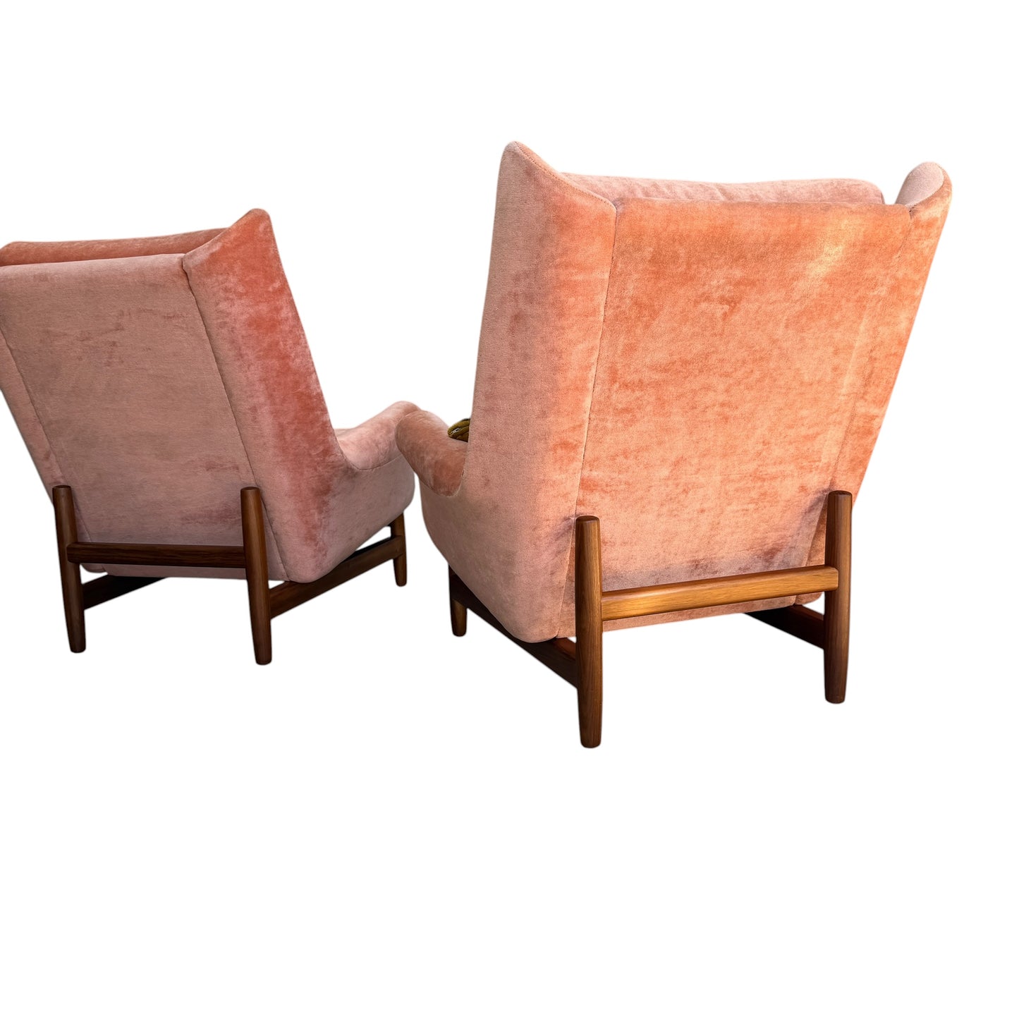 Two Mid-Century High-Back Wingback Armchairs in dusty pink velvet with Blackwood frames, shown from the back on a white background. Priced individually – Rediscover collection.