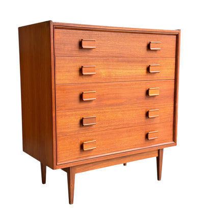 Parker Mid-Century Teak 5-Drawer Tallboy with Blackwood Base