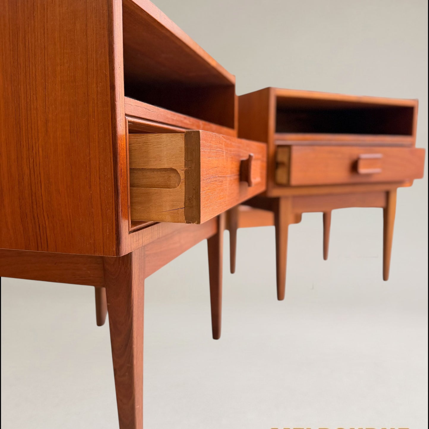 Pair of Parker Mid-Century Teak Bedside Tables with Blackwood Bases