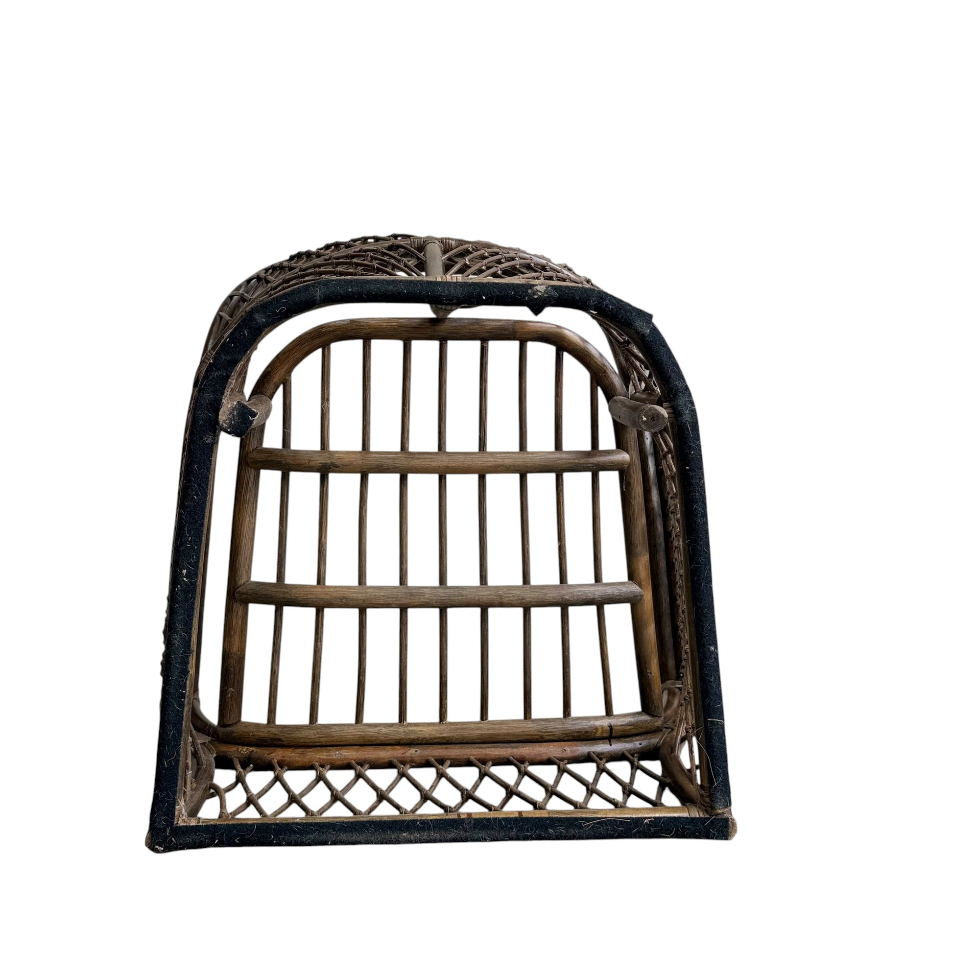 A Vintage Adrian Pearsall Style 1970s rattan barrel chair with olive green velvet upholstery, designer-crafted and set against a white background.