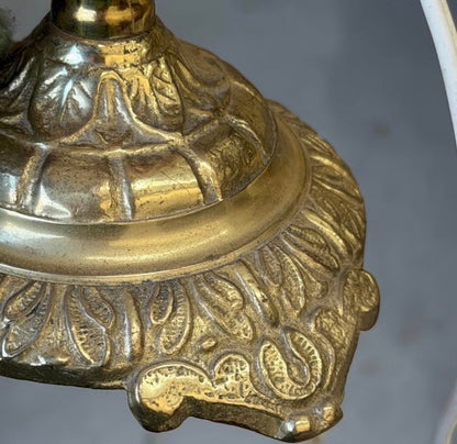 Mid-Century Ornate Brass Table Lamp with Ivory Scallop Ruffle Shade – Vintage