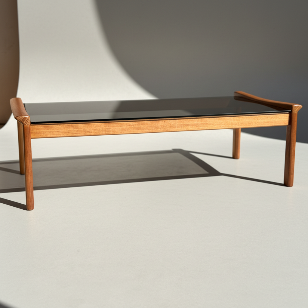 Featuring a modern minimalist design, the Tessa TC 21 Coffee Table Frame Restored – (Revive) has a rectangular black glass top and restored wooden frame, set on a light surface with a gentle side-cast shadow.