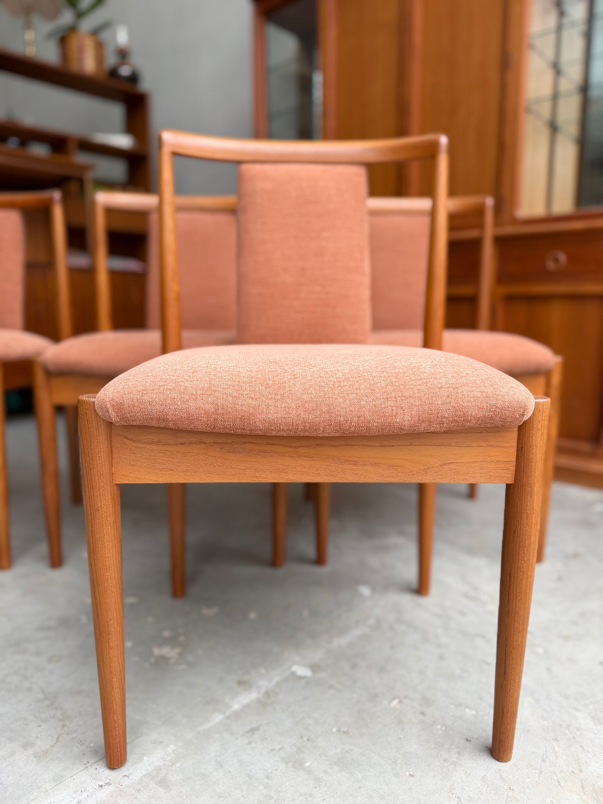 A close-up of a Fully Restored Parker T-Back Number 88 Dining Chair from the Terracotta set of 4, shown on a concrete floor with similar mid-century chairs and Parker Furniture cabinets softly blurred in the background.