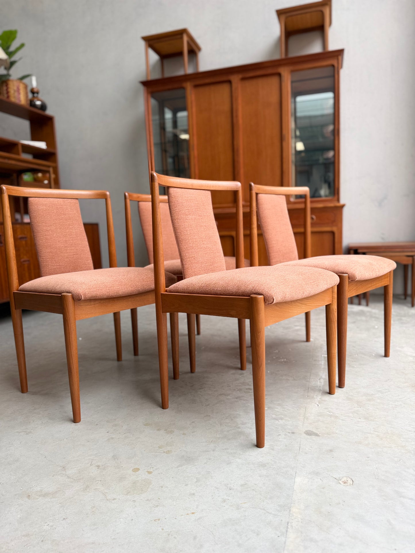 Four fully restored Parker T-Back Number 88 dining chairs in terracotta upholstery are arranged in a staggered line, with a matching wooden cabinet and shelving unit visible in the background.