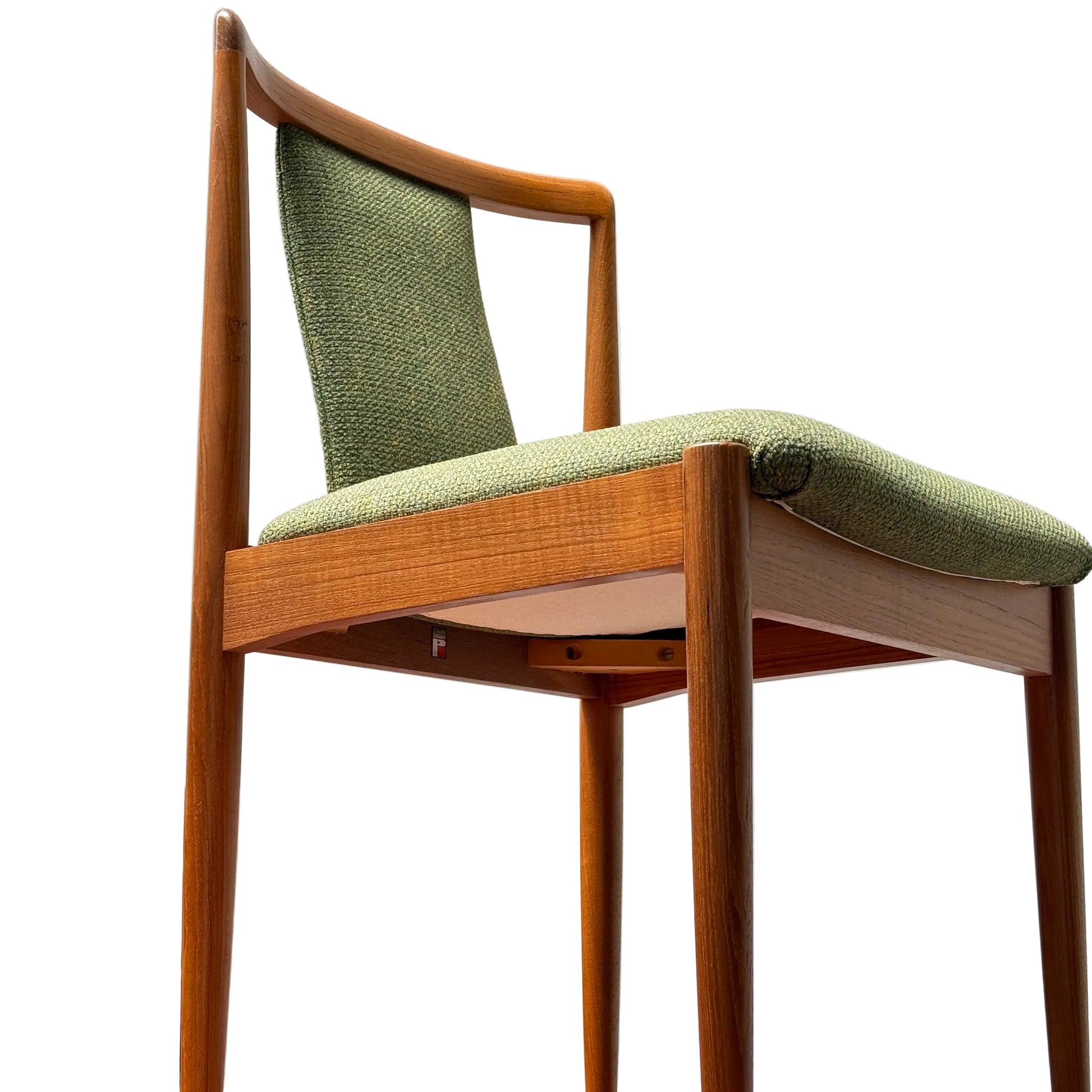 A set of 4 Parker 88 T Back Chairs is available for pre-order with professional restoration, featuring a green upholstered seat and backrest, sleek teak construction, and minimalist mid-century design. Reserve now with a 25% non-refundable deposit.