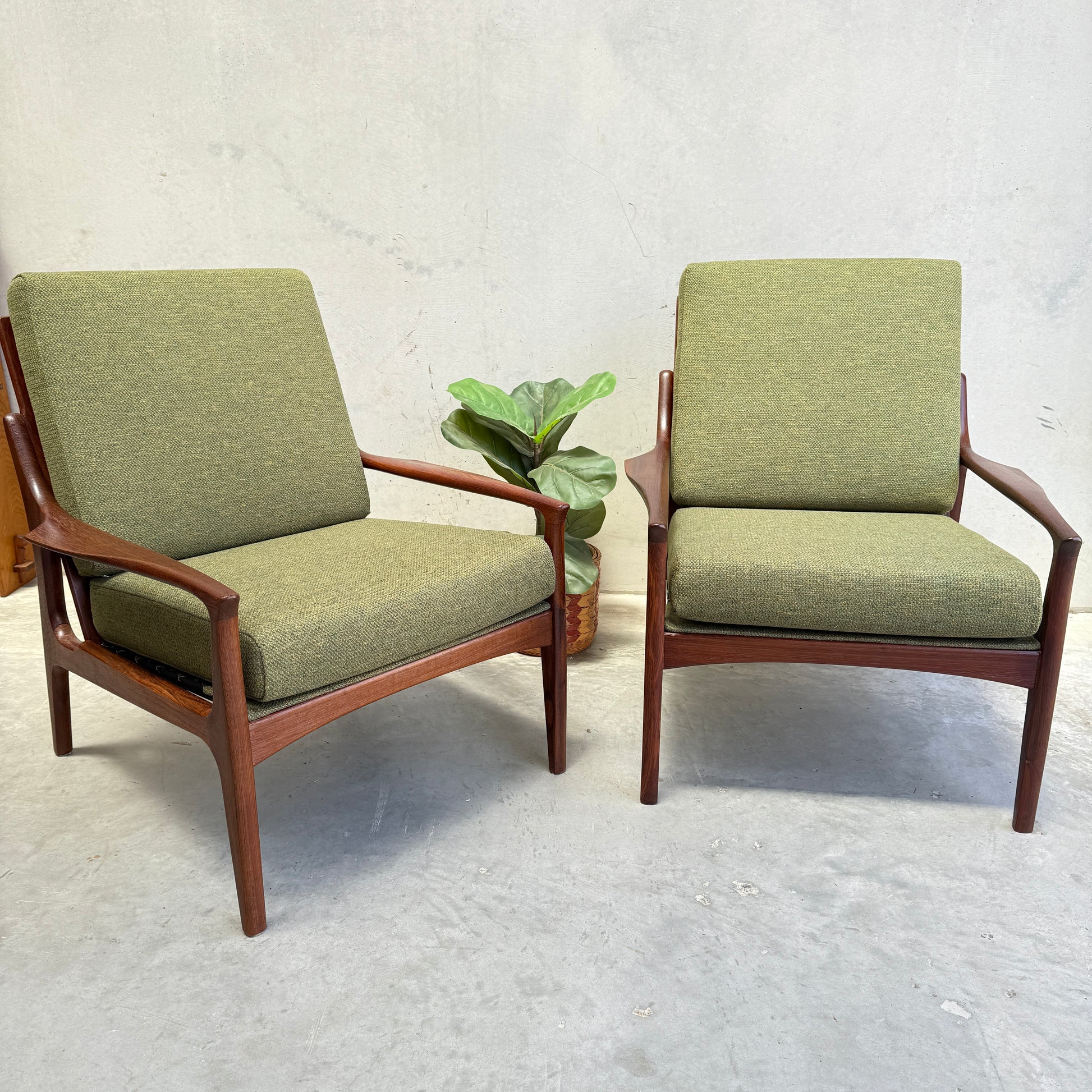 Two Don Rex Armchair - Green Forest (Rediscover) pieces, with green cushions and wooden frames, sit side by side on a concrete floor, flanking a small potted plant against a light gray wall.