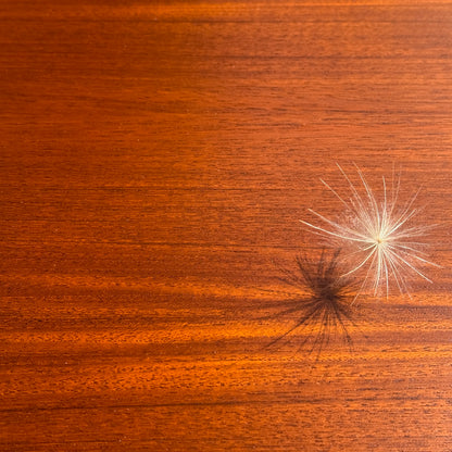 A single dandelion seed with a feathery parachute casts a distinct shadow on the smooth, reddish-brown surface of a fully restored Parker No.92 D End Dining Table (Rediscover).
