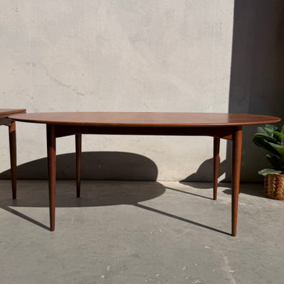 A fully restored Mid-Century Parker 91 oval teak dining suite with 6 Fler 64 blackwood chairs stands on a concrete floor by a light wall, sunlight casting shadows and a potted plant partially visible to the right.