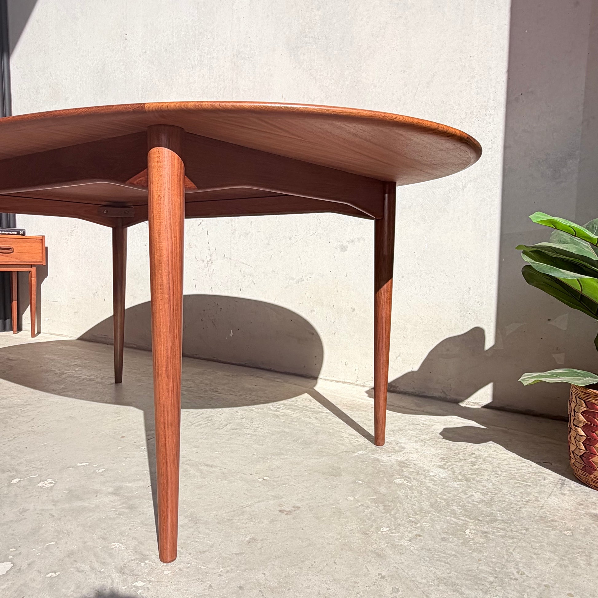 A Fully Restored Parker No.91 Fixed Top Oval Table (Rediscover) with tapered legs stands on a sunlit concrete floor by a potted plant, its gleaming teak surface contrasting against a light-colored wall.