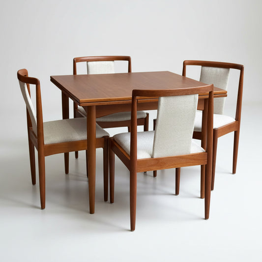 The Fully Restored Parker Dining Suite 5 Piece Square - Number 140 (Rediscover) features a teak table and chairs with light-upholstered seats and backs, arranged in a minimalist room with concrete floors and plain walls.