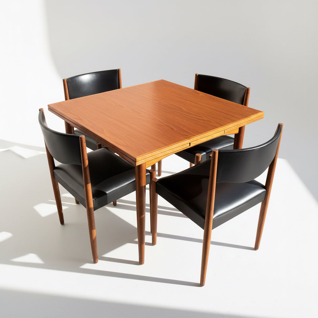 The Vintage Parker Dining Suite 5 Piece Square - Number 140 features a square table and four chairs with wooden frames, set on a light floor—reflecting Scandinavian-inspired Australian design.