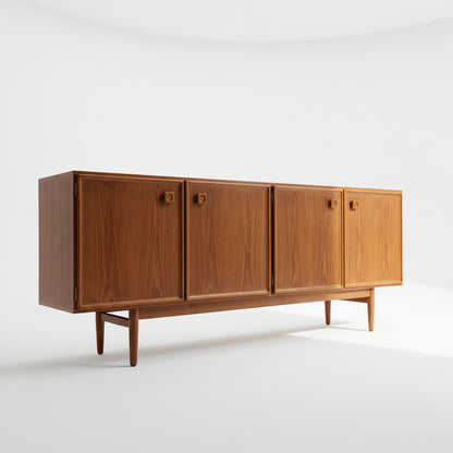 The Iconic Parker Teak 4-Door Sideboard – Restored Mid Century Modern with Tapered Legs (Rediscover) displays refined Australian craftsmanship, four cabinet doors, and sleek tapered legs against a softly sunlit light gray wall.