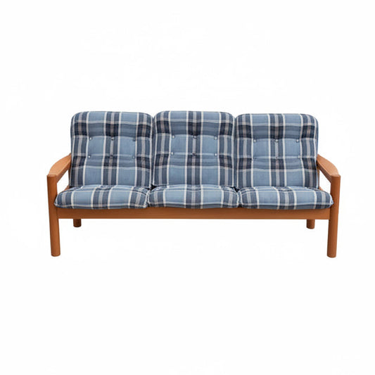 The Vintage Domino Møbler Sofa & Pair of Armchairs – Blue Plaid Mid-Century Set COMING SOON: a Danish Modern suite with a three-seater sofa and two matching armchairs, all wooden-framed with blue plaid cushions on a plain gray background.