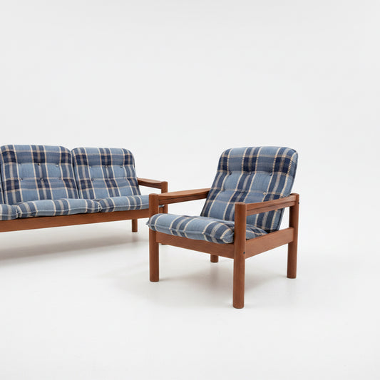 The Vintage Domino Møbler Sofa & Pair of Armchairs is a blue plaid mid-century set, featuring matching cushioned seats and backs, soon available.
