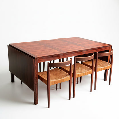 A 1970s Danish Modern rosewood dropleaf dining table by Vejle Stole og Mobelfabrik (Model 166, 1975) with six woven-seat chairs, set against a plain light gray wall in a minimalist mid-century Danish interior.